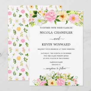 Elegant Pink and Yellow Floral Wedding Invitation