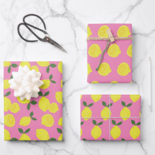 Elegant Pink and Yellow Lemon Pattern Wrapping Paper Sheet