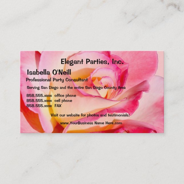 Elegant Pink and Yellow Rose Business Card (Front)