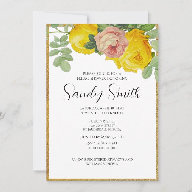 Elegant Pink and Yellow Roses Bridal Shower  Invitation (Front)
