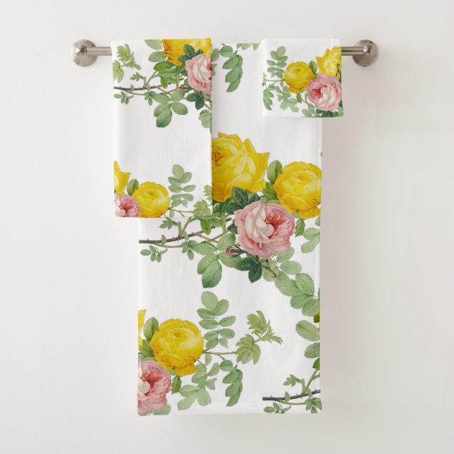 Elegant  Pink and Yellow Roses Floral  Bath Towel Set (Insitu)