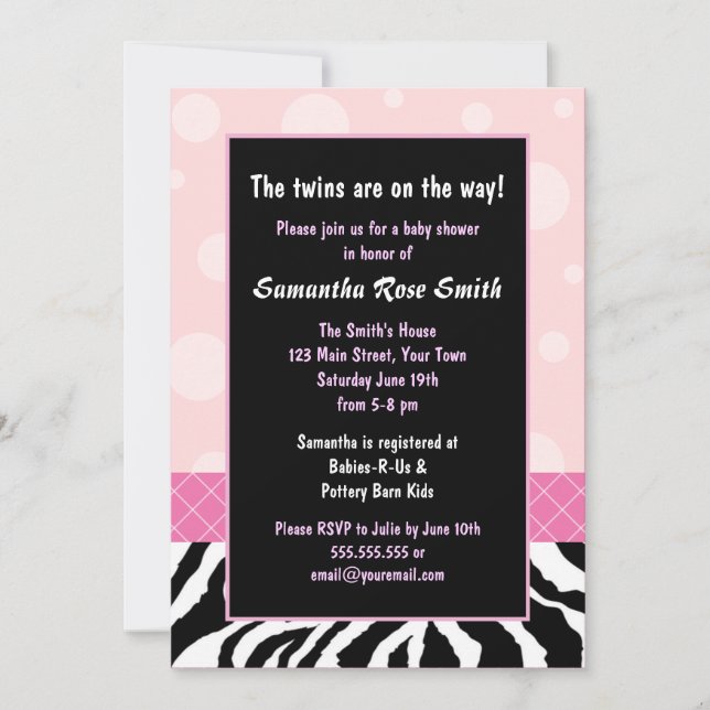 Elegant Pink and Zebra Girl Twins Baby Shower Invitation (Front)