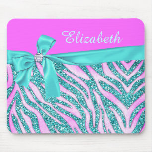 Elegant Pink Aqua Fake Glitter Zebra Bow Monogram Mouse Pad