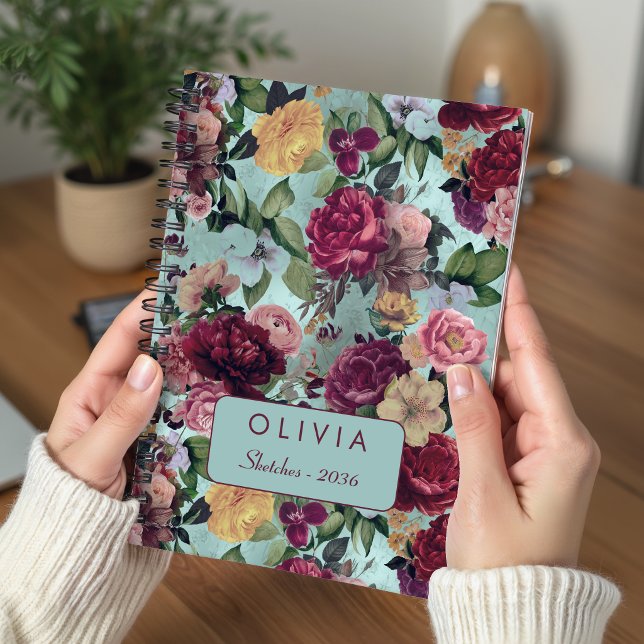 Elegant Pink Aqua Floral Pattern Monogram Notebook (Creator Uploaded)