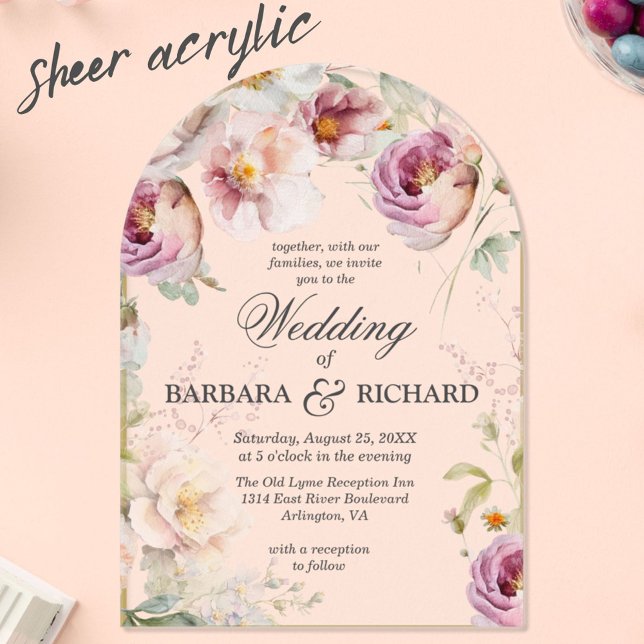 Elegant Pink Arch Wildflower Watercolor Wedding Acrylic Invitations (Creator Uploaded)