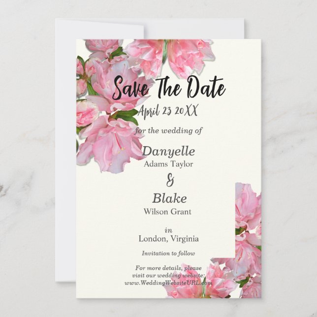  Elegant Pink Azalea & Ivory Save the Date Card  (Front)