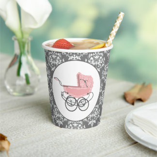 Elegant Pink Baby Buggy Baby Shower Paper Cups