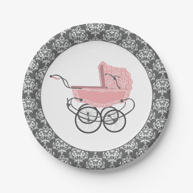 Elegant Pink Baby Buggy Baby Shower Paper Plate (Front)