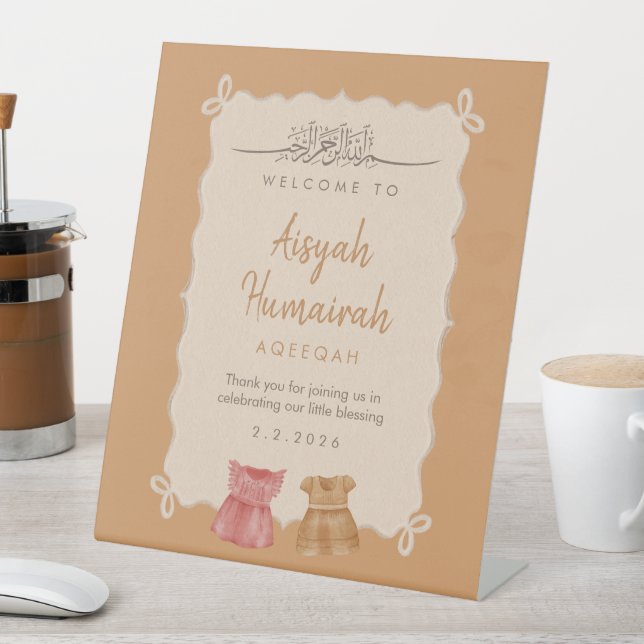 Elegant Pink Baby Clothes Aqeeqah Welcome Sign (In SItu)