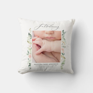 elegant pink baby girl photo announcement cushion