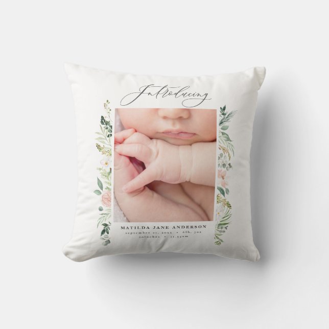 elegant pink baby girl photo announcement cushion (Front)