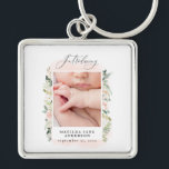 elegant pink baby girl photo announcement key ring<br><div class="desc">Introducing photo blush pink floral birth announcement. Beautiful watercolour floral and elegant script text. Part of a collection.</div>