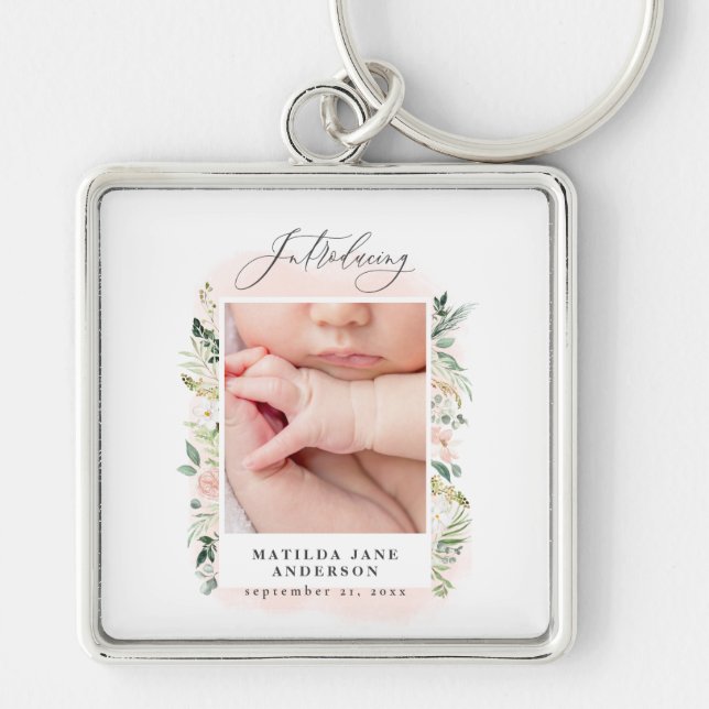 elegant pink baby girl photo announcement key ring (Front)