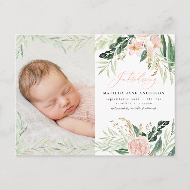 elegant pink baby girl photo announcement postcard (Front)