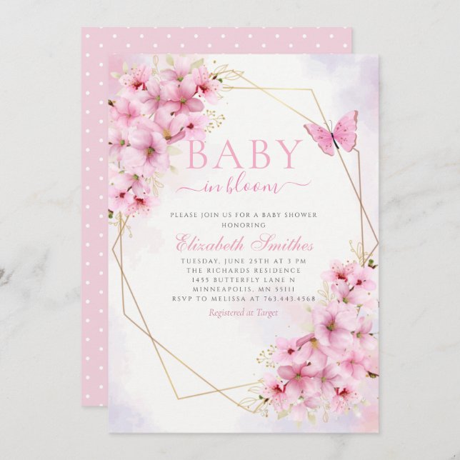 Elegant Pink Baby in Bloom Script Girl Baby Shower Invitation (Front/Back)