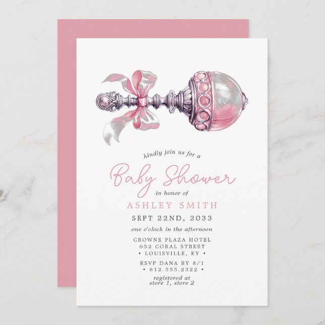 Elegant Pink baby Rattle Girl Baby Shower Invitation (Front/Back)