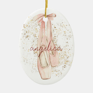 Elegant Pink Ballerina Dancer Shoes Gold Glitter Ceramic Ornament