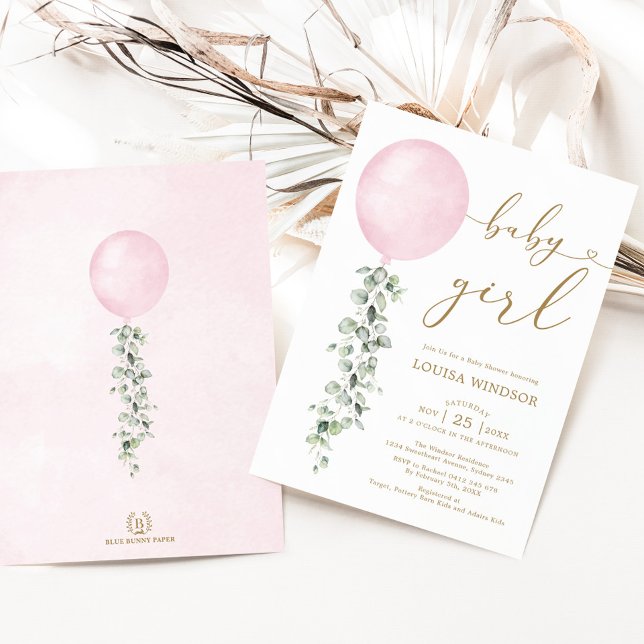 Elegant Pink Balloon Eucalyptus Girl Baby Shower Invitation (Creator Uploaded)