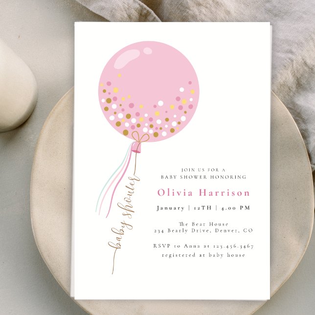 Elegant Pink Balloon Girl Baby Shower  Invitation (Elegant Pink Balloon Girl Baby Shower Invitation)