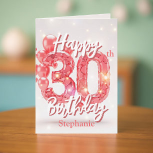 Elegant Pink Balloon & Sparkling Gem 30th Birthday Card