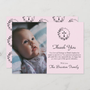 Elegant Pink Baptism Baby Photo Thank You Card