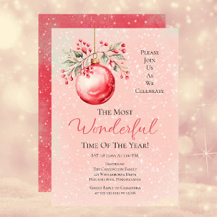 Elegant Pink Bauble Most Wonderful Time Year Party Invitation
