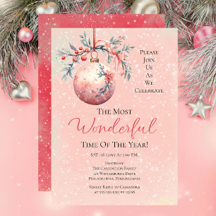 Elegant Pink Bauble Most Wonderful Time Year Party Invitation