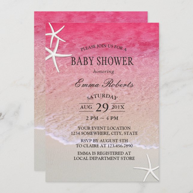 Elegant Pink Beach Starfish Baby Shower Invitation (Front/Back)