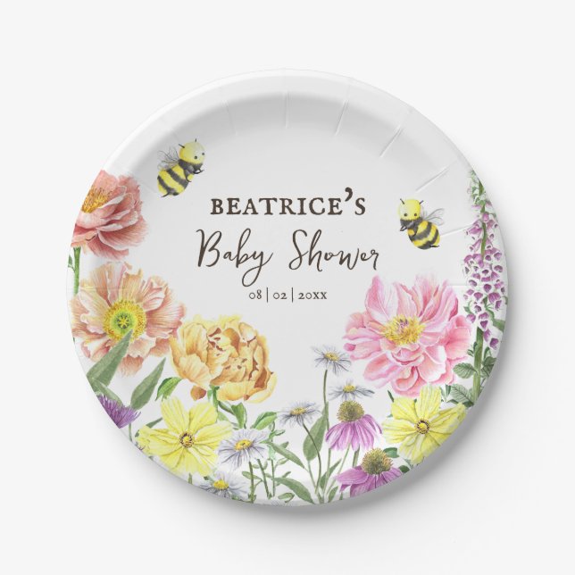 Elegant Pink Bee and Wildflower Baby Shower Paper Plate (Front)