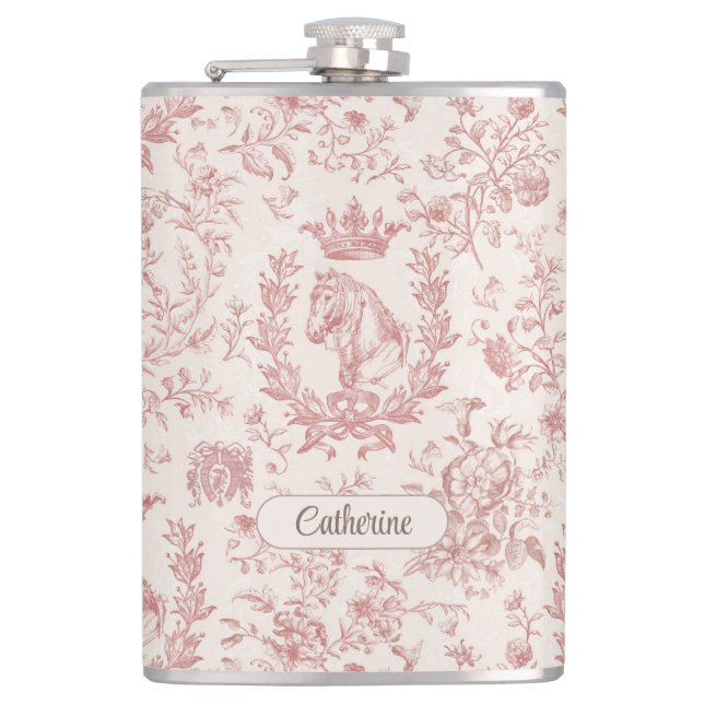 Elegant Pink Beige Equestrian Floral Toile Name Hip Flask (Front)