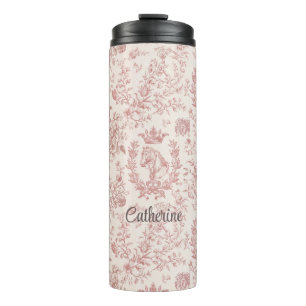 Elegant Pink Beige Equestrian Floral Toile Name Thermal Tumbler