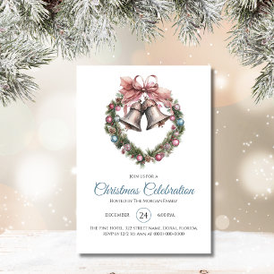 Elegant Pink Bell Wreath Christmas Celebration Invitation