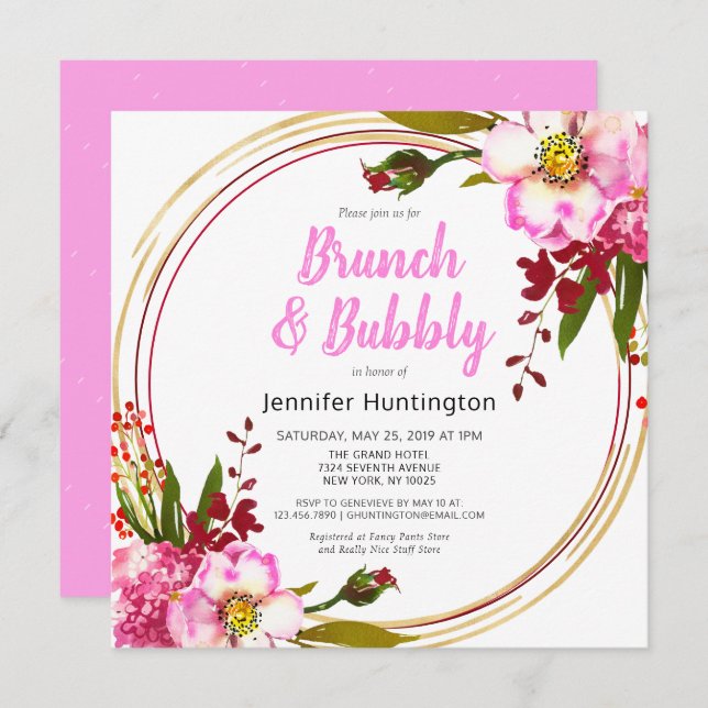 Elegant Pink Berry Floral Gold Boho Bridal Shower Invitation (Front/Back)