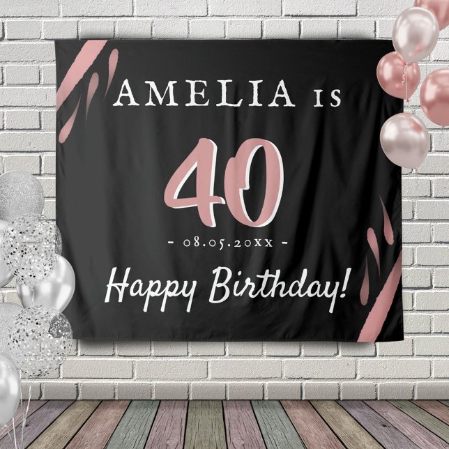 Elegant Pink Black 40th Birthday Party Backdrop Tapestry (Creator Uploaded)