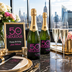 Elegant Pink Black 50 and Fabulous Birthday Party Sparkling Wine Label