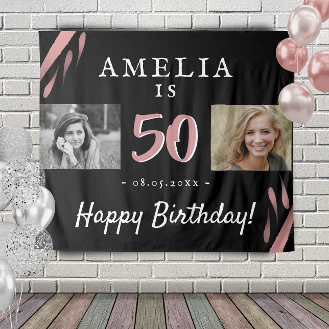 Elegant Pink Black 50th Birthday 2 Photo Backdrop Tapestry (Creator Uploaded)