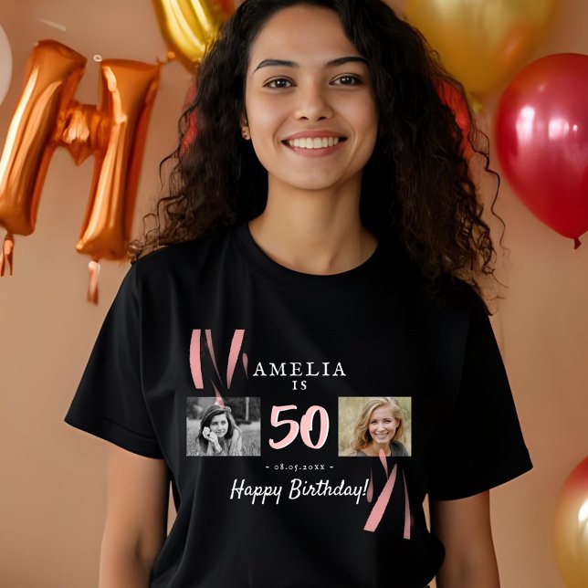 Elegant Pink Black 50th Birthday 2 Photos  T-Shirt (Creator Uploaded)