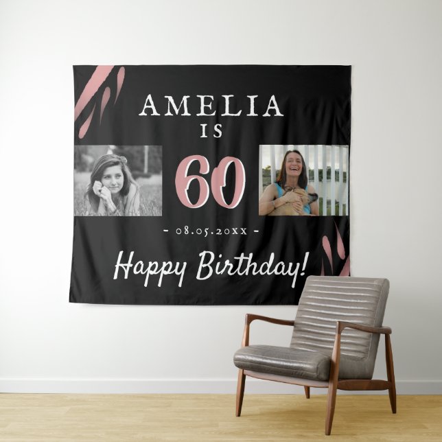 Elegant Pink Black 60th Birthday 2 Photo Backdrop Tapestry (In Situ (Horizontal))