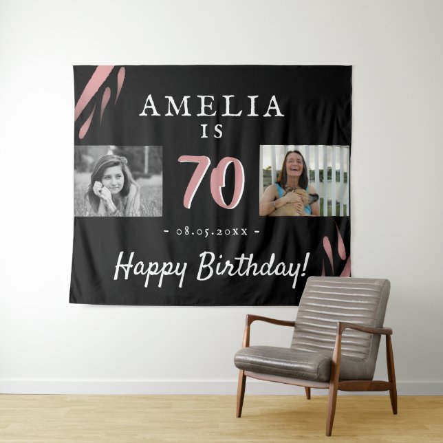 Elegant Pink Black 70th Birthday 2 Photo Backdrop Tapestry (In Situ (Horizontal))