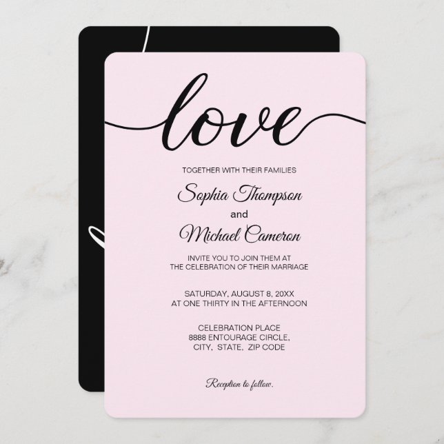 Elegant Pink Black and White Simple Wedding Invitation (Front/Back)
