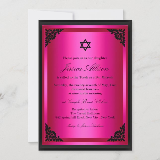 Elegant Pink & Black Bat Mitzvah Invitation (Front)