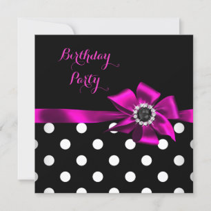 Elegant Pink Black Bow Polka Dots Birthday Party Invitation