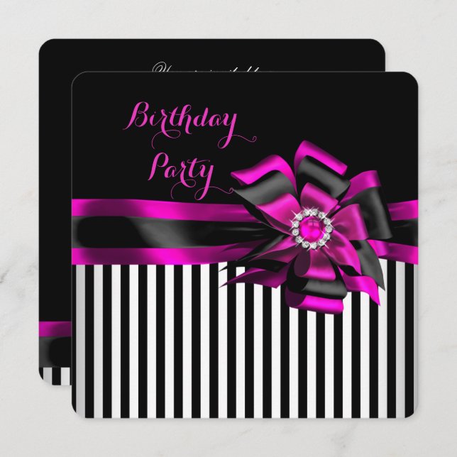 Elegant Pink Black Bow Striped Birthday Party Invitation (Front/Back)