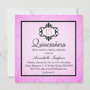 Elegant Pink/Black Chic Damask Quinceanera Invite