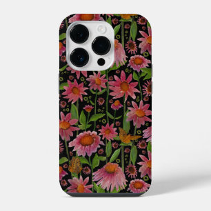 Elegant Pink Black Coneflowers Butterflies iPhone 14 Pro Case