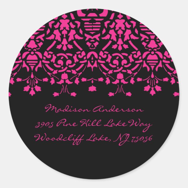 Elegant Pink & Black Damask Address Label Sticker (Front)