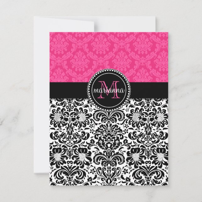 Elegant Pink Black Damask Personalised Note Cards (Front)