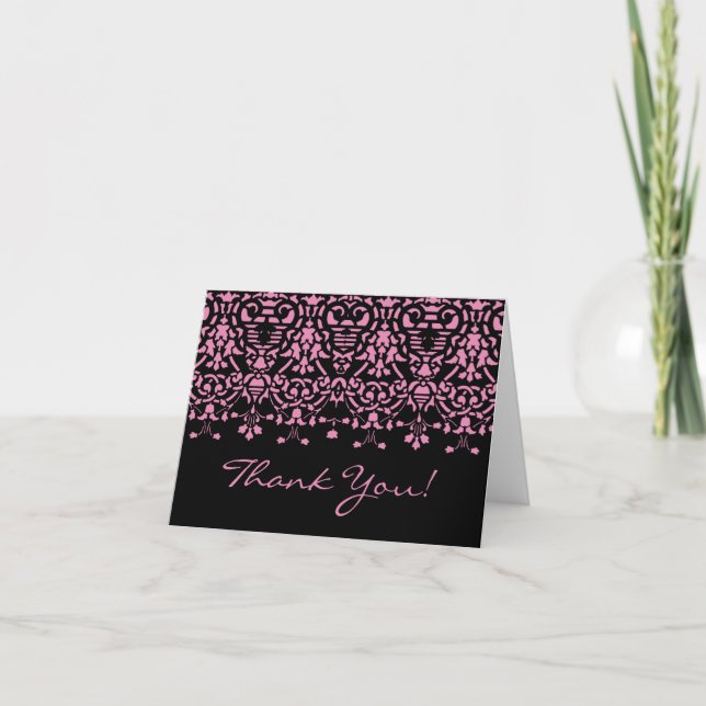 Elegant Pink & Black Damask Thank You Note Card (Front)