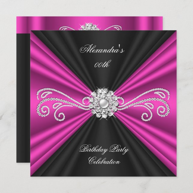 Elegant Pink Black Diamond Birthday Party Invitation (Front/Back)