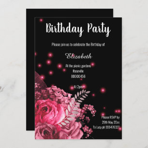 ELEGANT PINK BLACK FLORAL GARDEN BIRTHDAY INVITATION